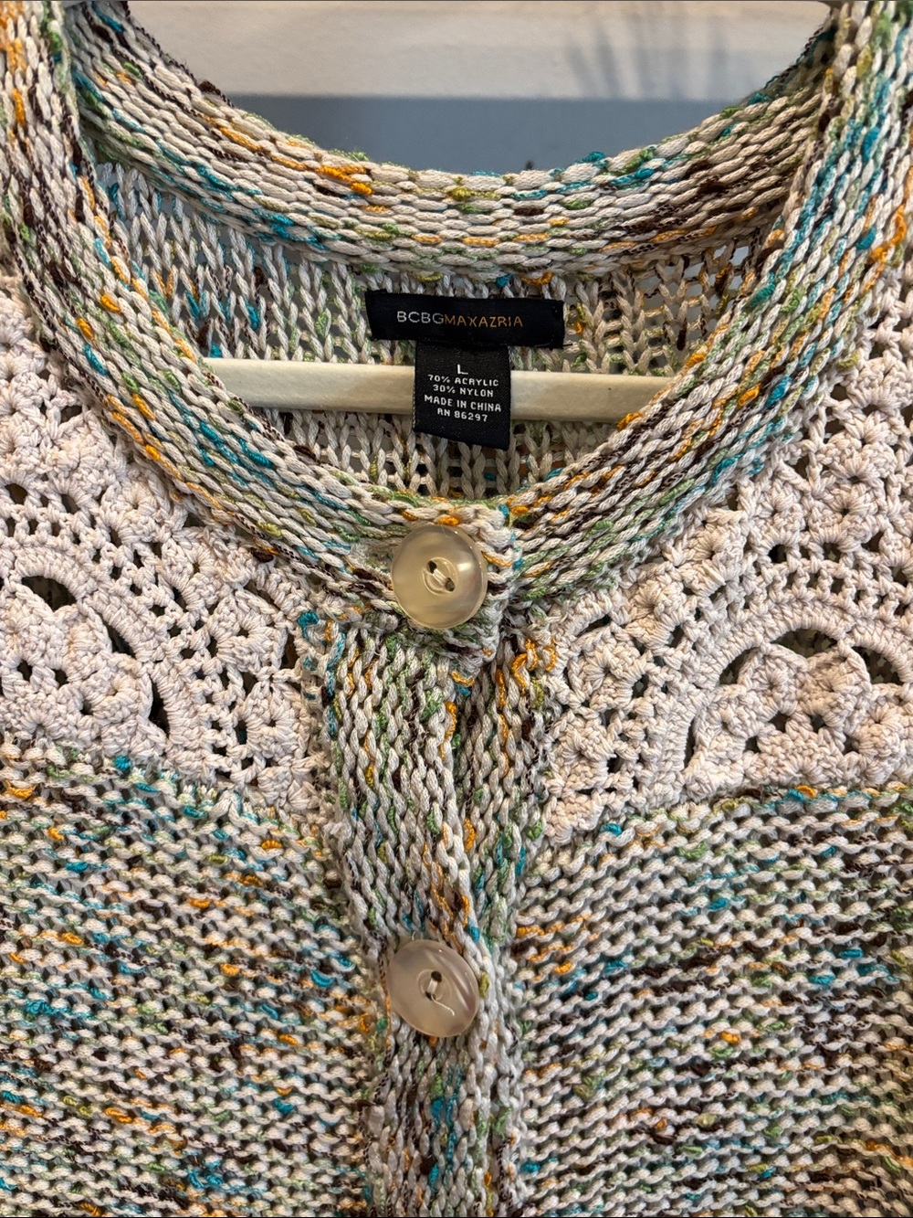 Bcbgmaxazria Boho Cream Multicolor Crochet Yoke Buttoned Cardigan Large - Picture 2 of 7